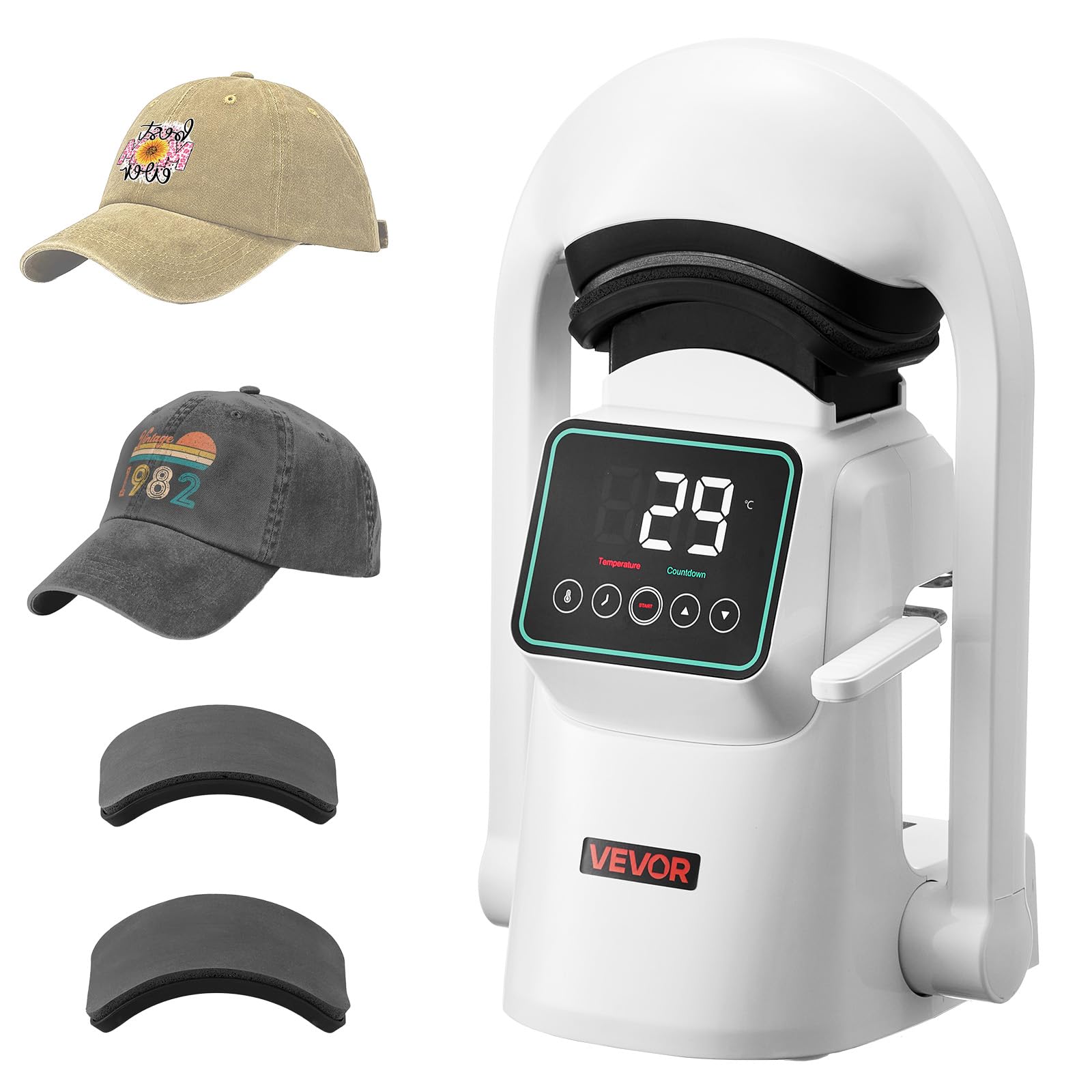 Photo 1 of (power tested) (used/fair) VEVOR Auto Hat Heat Press Machine, with 2pcs Interchangeable Platens, Automatic Open and Release, Touchscreen for Precise Time and Temperature Control, Heat Transfer Printing for Caps, Hats, White