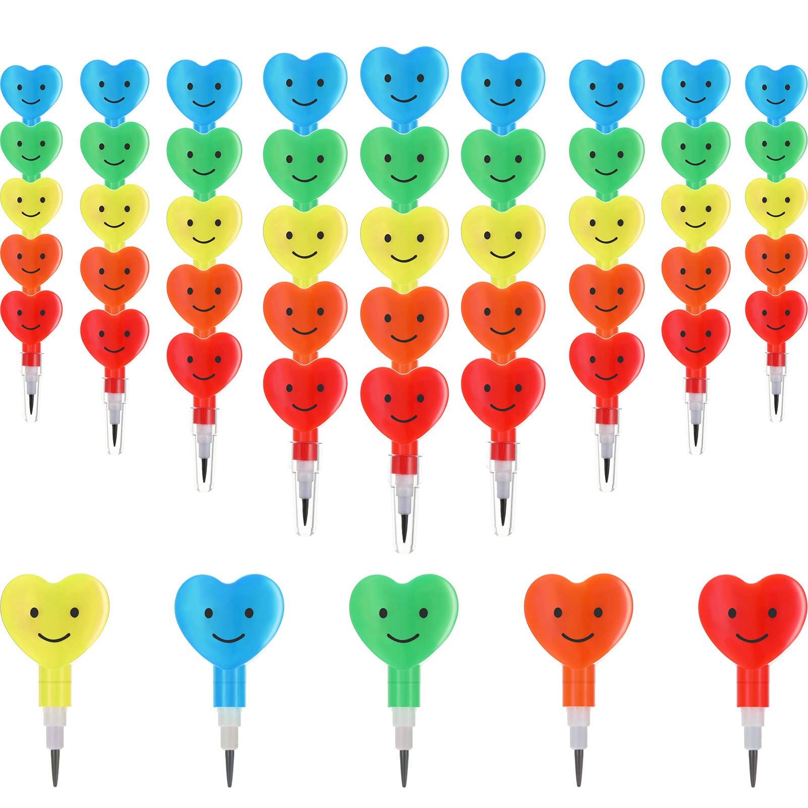 36 Pieces Valentine Pencils Stackable Heart Pencils Plastic Stacking Heart Pencil Valentine's Day Cute Smile Face Pencil, Home School Stationery Party Favors for Kids (Colorful)