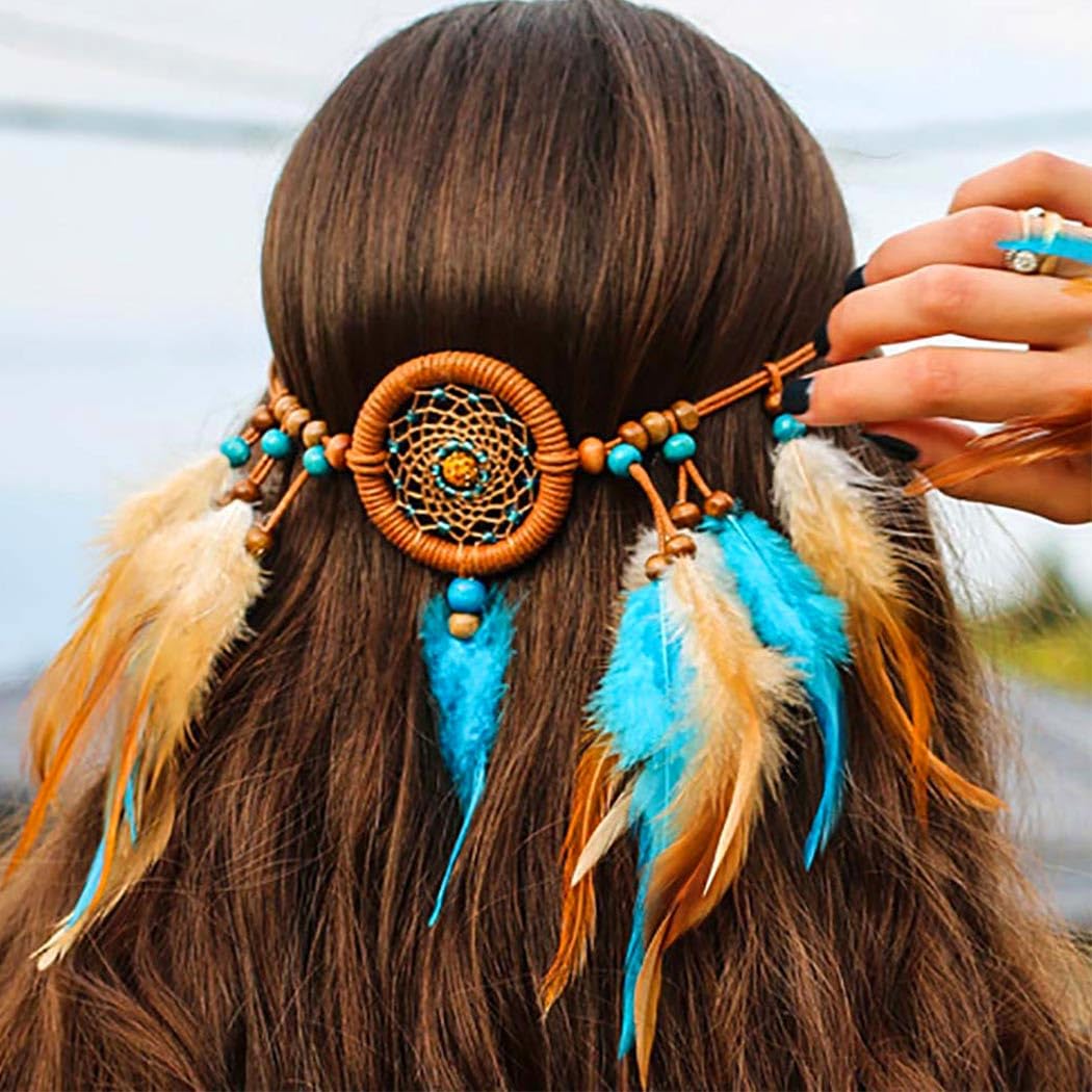 Zoestar Boho Feather Headband Indian Braid Dreamcatcher Headpiece Hippie Vintage Head Chain Jewelry Parties Costume Hair Accessories for Women