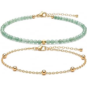 GDLKPYHS 2Pcs Beaded Anklets for Women, Natural Stone Bead Ankle Bracelets with 14K Gold Plated Chain, Waterproof Adjustable