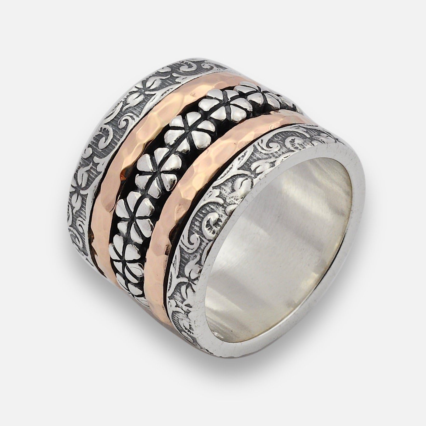 Wide silver and gold floral spinner ring large two tone wedding band size 6 to 9