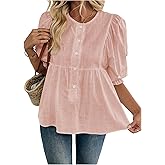 SweatyRocks Women's Puff Sleeve Babydoll Blouse Half Button Peplum Tops Dressy Casual Shirts