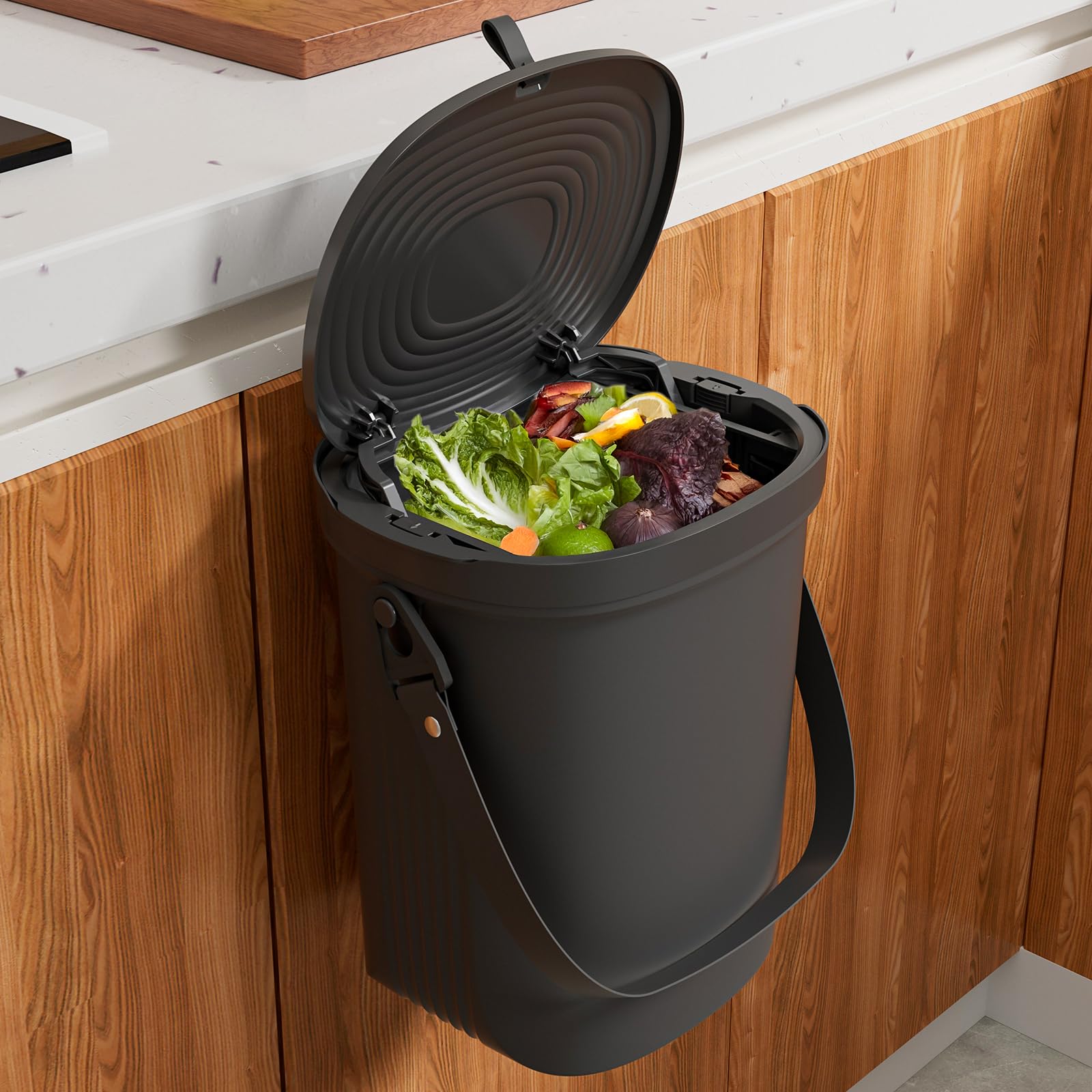 Photo 1 of Mountable Kitchen Compost Bin for Counter Top or Under Sink, Hanging Trash Can with Lid for |Cupboard|Bathroom|Bedroom|Office|Camping, Indoor Compost Bucket, 2 Gallon Black