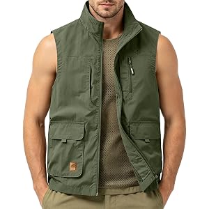 HYYGOCCTV Men's Outdoor Cargo Fishing Vest Mesh Lined Sleeveless Zip Up Waistcoat Camping Gilet Stand Collar With Pocket