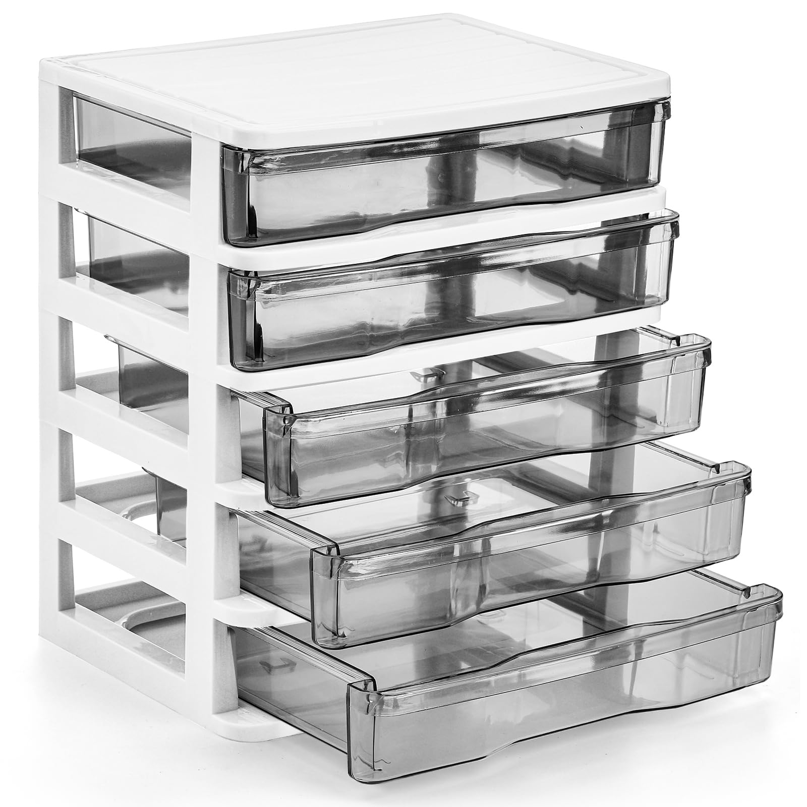 Photo 1 of DEAYOU 5 Drawer Desktop Storage Bin Unit, Small Plastic Organizer, White Frame with Clear Drawer, Mini Container Case for Desk, Storing Craft, Accessory, Stationery