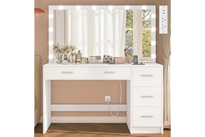 FIONESO 47.2" Large Vanity Desk with Mirror & 14 LED Lights, Makeup Vanity Table with 5 Drawers & Charging Station, Makeup Vanity Desk, 3 Lighting Colors, Dressing Vanity Table for Bedroom, White