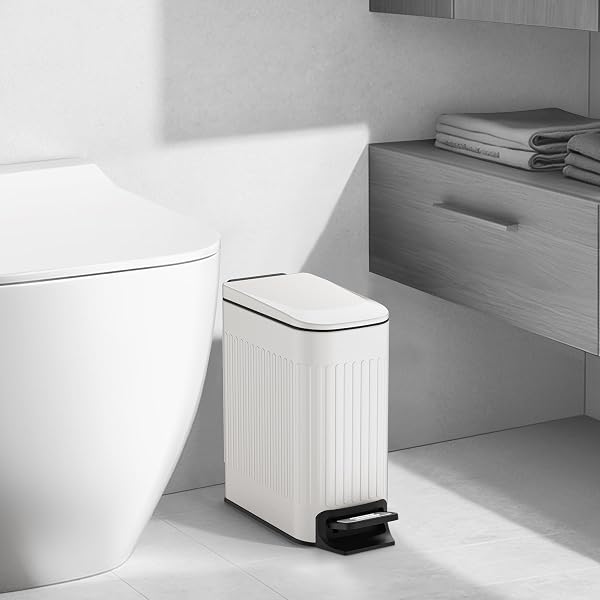 TIPGO SLIM BATHROOM TRASH CAN WITH LID SOFT CLOSE, STEP PEDAL, 6 LITER / 1.6 GALLON STAINLESS STEEL TRASH BIN, SMALL GARBAGE CANS FOR BEDROOM, OFFICE, KITCHEN (WHITE)