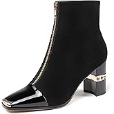 XINIUNIU Women's Ankle Boots Block Chunky Heels Booties Metal Square Toe Suede Front Zipper 3 Inch Short Boot Dress