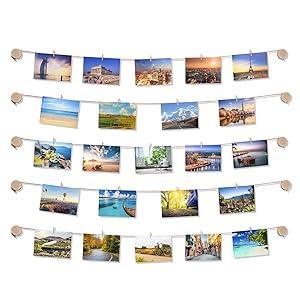 TWING Clip Photo Display - Easy Install Self Adhesive 3M Hanging Photo Display Picture Frame Collage - 10 Wooden Button Holders for Wall Decor Hanging Photos