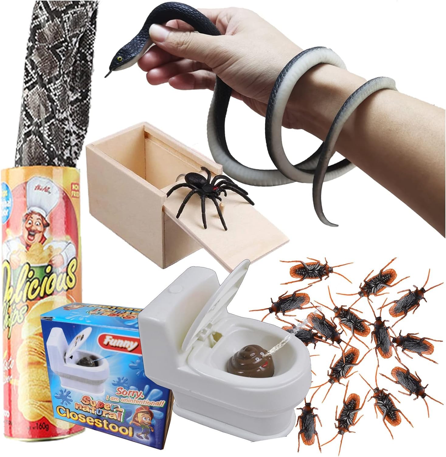 JIMITOP Prank Kit Funny Gag Gifts, Realistic Rubber Snakes Fake Roaches Surprise Spider Box for April Fools Day Halloween Party Decoration