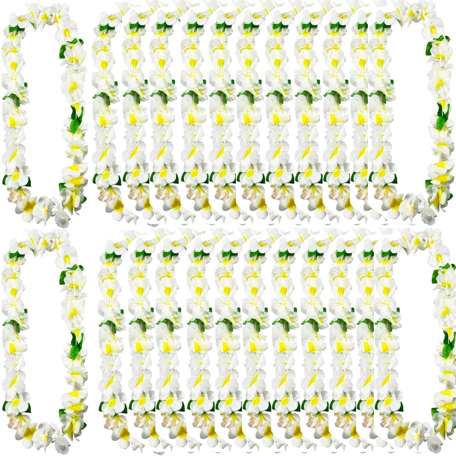 Photo 1 of 24Counts Hawaiian Leis for Luau Party, Thickened White Graduation Leis Hawaii Floral Garland Hawaiian Weddings Summer Beach Party Hula Dance Flower Necklace Artificial Ti Leaf Orchid Lei