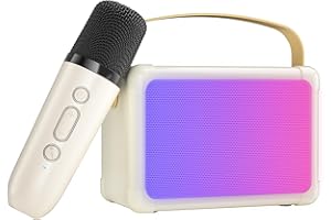 SUDOTACK Mini Karaoke Machine for Kids, Portable Bluetooth Karaoke Speaker with 2 Wilreless Microphones and Led Lights for Home Party, Birthday Gift for Girls and Boys (Beige 1 Mic)