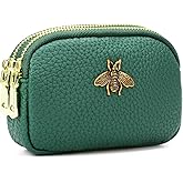 WOZEAH Leather Coin Purse for Women Small 2 Zipper Change Wallet with Key Ring Card Key Coin Cash Holder Pouch(Green)