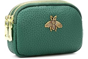 WOZEAH Leather Coin Purse for Women Small 2 Zipper Change Wallet with Key Ring Card Key Coin Cash Holder Pouch(Green)