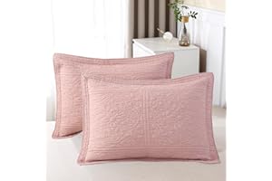 WINLIFE 100% Cotton Quilted Pillow Sham Floral Printed Pillow Cover (Standard, Dusty Pink)