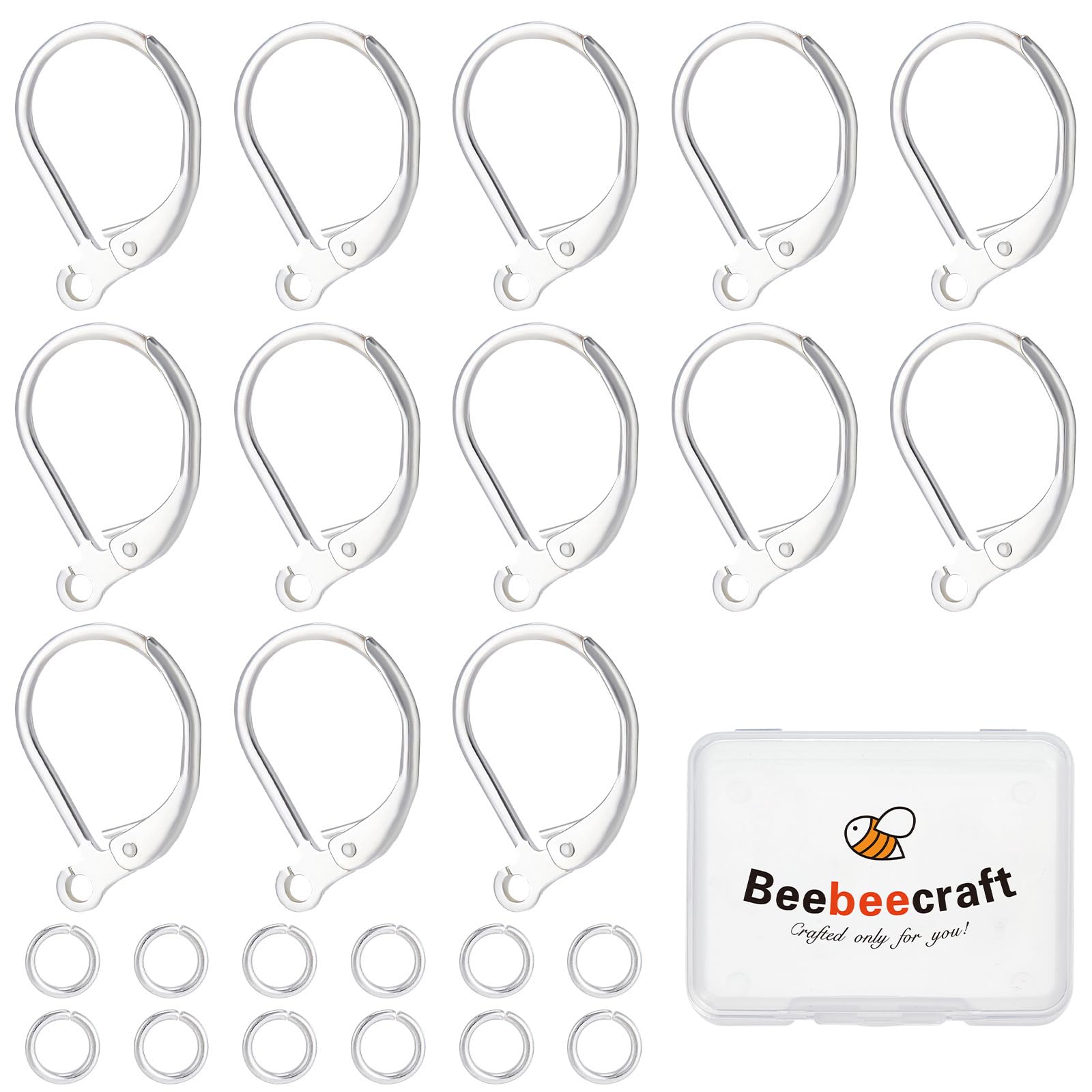 Beebeecraft 1 Box 20Pcs Leverback Earring Hooks 16x10mm 925 Sterling Silver Plated French Earring Findings Interchangeable Dangle Ear Wire with 20Pcs 4mm Open Jump Rings for Jewelry Making — image 1
