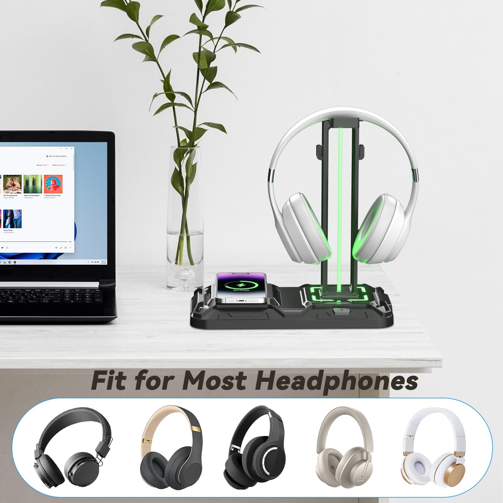 KDD Headphone & Controller Stand with Wireless Charging - Rotatable Headset Stand with 9 Light Modes - Controller Holder with 2 USB and Type C Ports - for Gamers Desktop Accessories