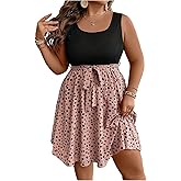 SOLY HUX Women's Plus Size Polka Dots Sleeveless Summer Tank Dress Belted Vacation Beach Flowy Short Dresses