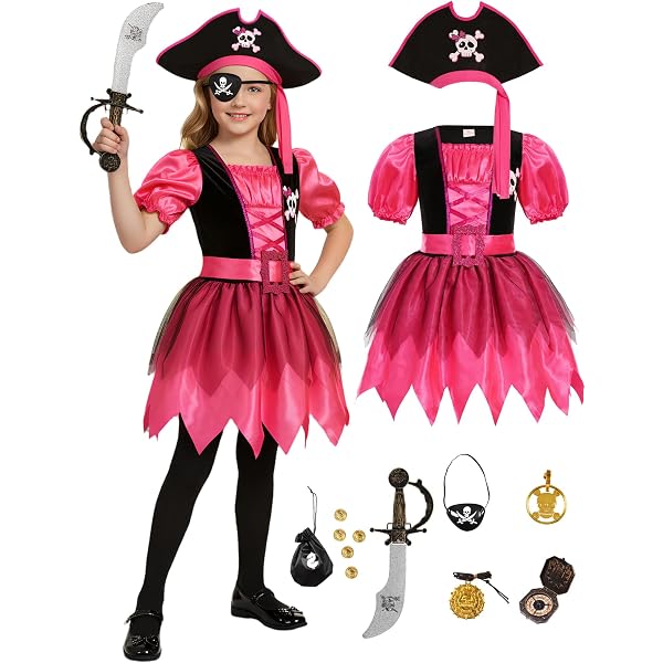 Girls Pirate Costume Set – Dress, Hat, Belt & Accessories For Halloween & Dress-Up Play