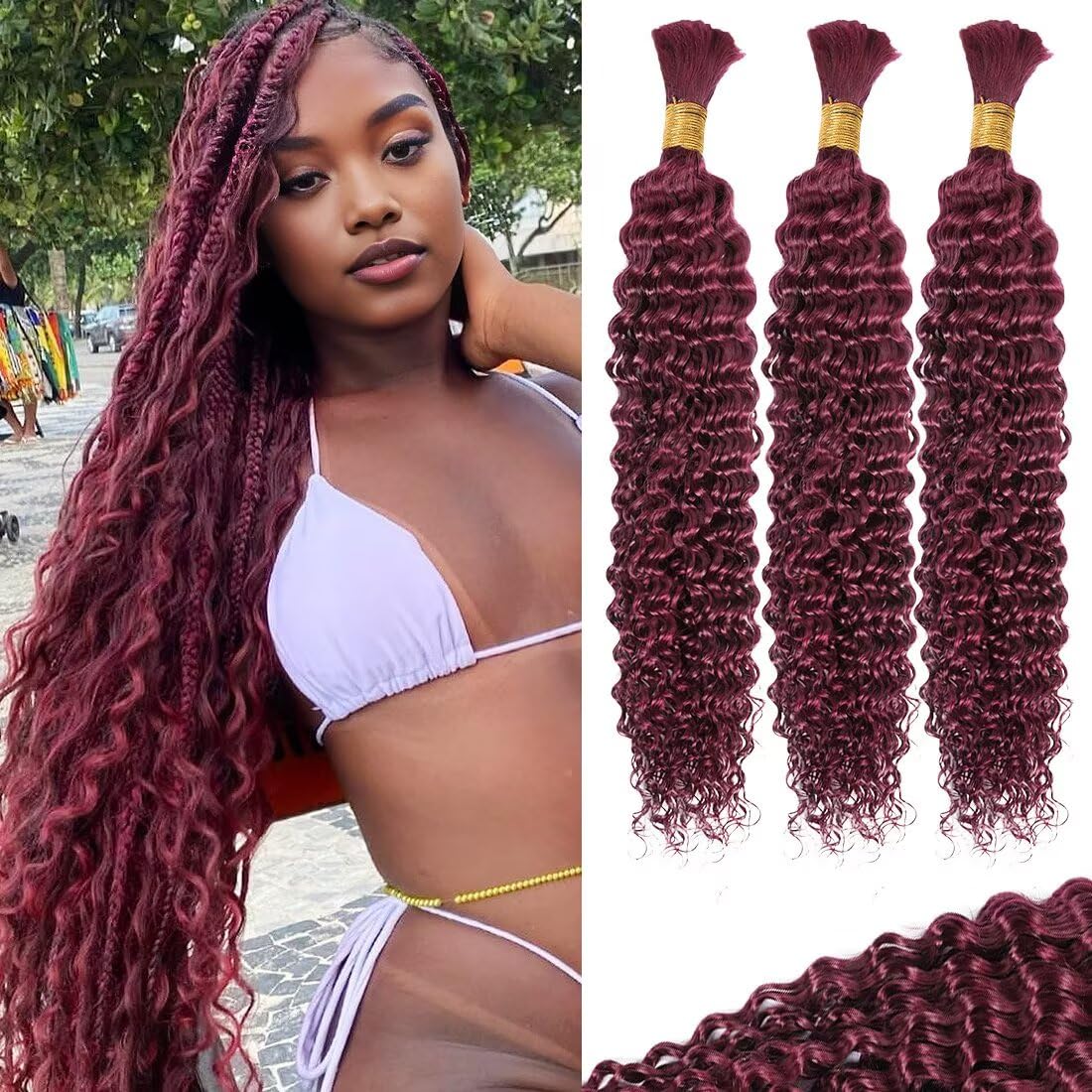 Photo 1 of 100g 3 bundles 99j Red Burgundy Human Braiding Hair 14 Inch Deep Water Wave Bulk Human Hair for Braiding No Weft 12A Brazilian Virgin Curly Human Hair Extensions for Boho Braids