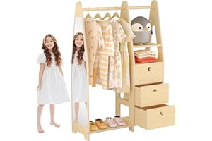 KIDSBUDDY Kids Dress Up Storage with Mirror, Kids Closet Organizers and Storage with 3 Drawers and Stickers,Open Hanging Kid Armoire Closet, Toddler Costume Organizer for Little Girls Boys Room