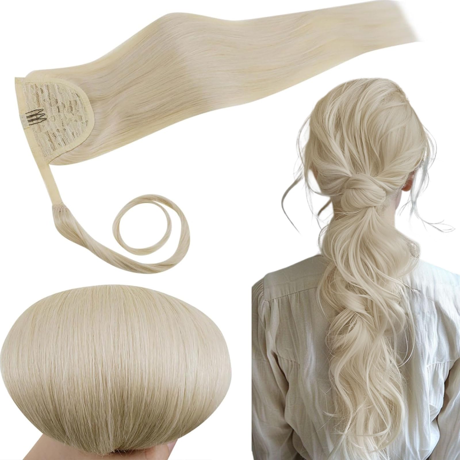 RUNATURE Human Hair Ponytail Extension Platinum Blonde Real Hair Ponytail Extension Straight Blonde Clip in Ponytail Hair Extensions Real Human Hair 14 Inch 70 Gram — image 1