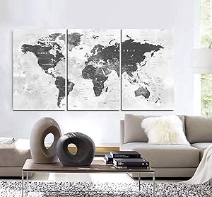 Original by BoxColors Large 30"x 60" 3 Panels 30x20 Ea Art Canvas Print world Map watercolor push pin gray Wall decor Home interior (Included framed 1.5" depth)