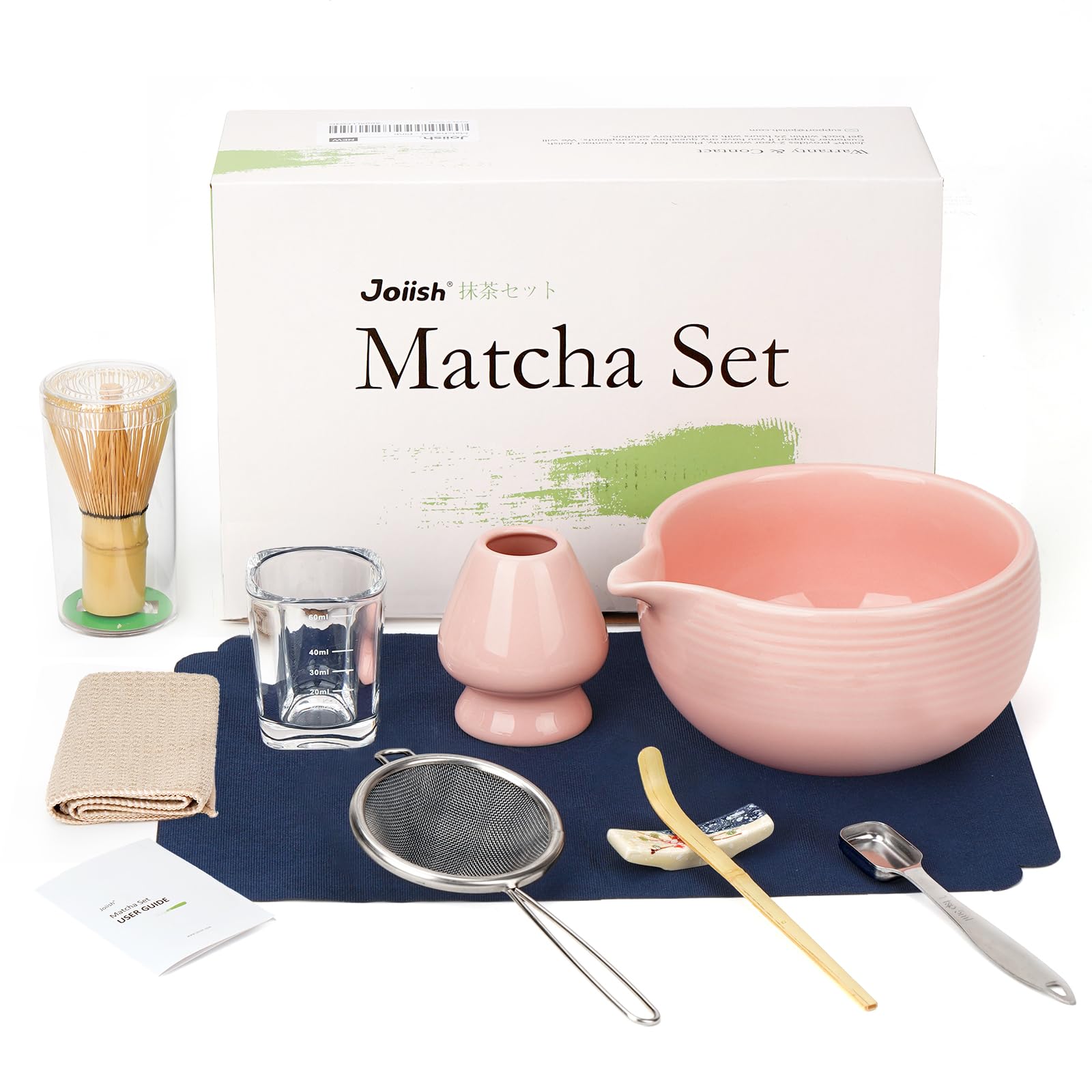 Joiish Matcha Whisk Set, Matcha Kit 10-Pcs, Bamboo Whisk and Bowl with Spout & Measuring Spoon & Cup, Japanese Matcha Tea Making Tools, Light Pink