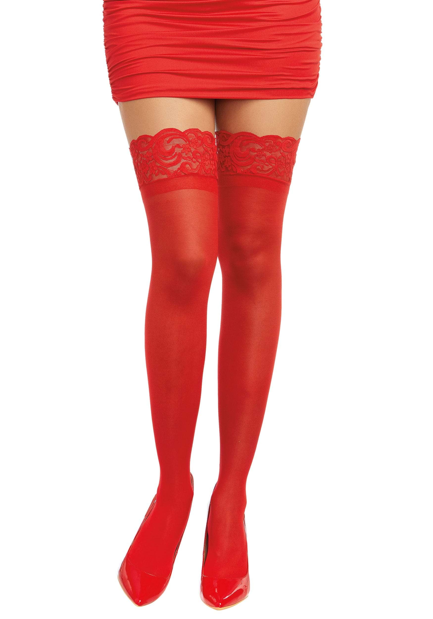 Photo 1 of Dreamgirl Women's Sheer Thigh High Pantyhose, Hosiery, Nylons, Stockings with Comfort Lace Top Anti-Slip Silicone Elastic Band, Red, One Size