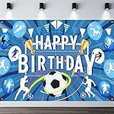 Soccer Birthday Banner, Happy Birthday Soccer Banner, with Trophy Goal Designs, Blue White Football Theme Backdrop, for Boys, Girls, Adults, Photography Background, Birthday Celebrations