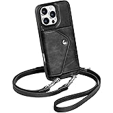 LUCKYCOIN Crossbody Wallet Phone Case for iPhone 16 Pro Max, Genuine Phone Case with Expandable Wallet Card Holder & Adjustable Removable Crossbody Strap, Phone Purse with Card Slot - Retro Black