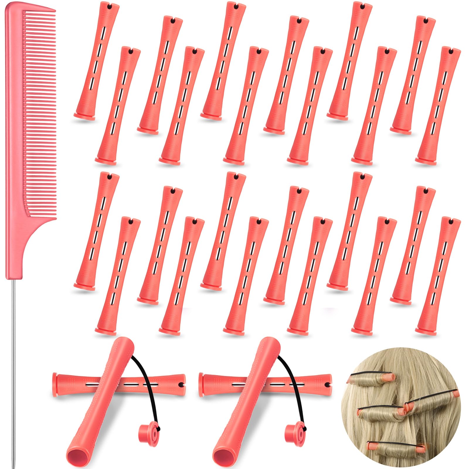 Photo 1 of 24 Pieces Hair Perm Rods Plastic Cold Wave Perming Curlers Hair Rollers with Steel Pintail Comb Rat Tail Comb Tools for Hairdressing Styling(Pink,0.51 Inches)