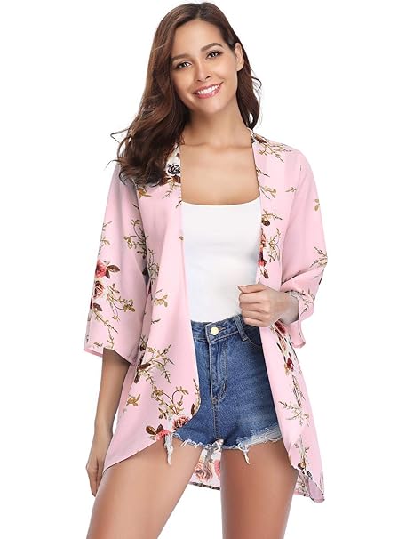 Aibrou Damen Sommer Boho Strand Kimono Florale Tops Cardigan Chiffon Shawl Bluse Beachwear Bikini Cover up Leichte Jacke Ober