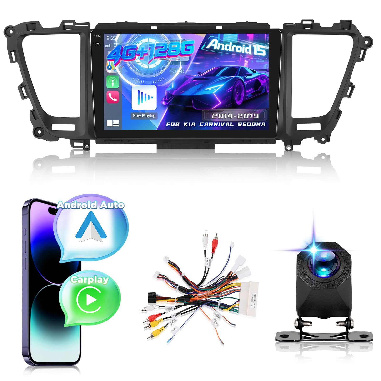 Photo 1 of 4G+128G Car Stereo for Kia Carnival Sedona 2014 2015 2016 2017 2018 2019 with Wireless Carplay & Android Auto - 9 Inch Android 15 Touchscreen Radio with EQ/5G WiFi/GPS/SWC, AHD Rear View Camera