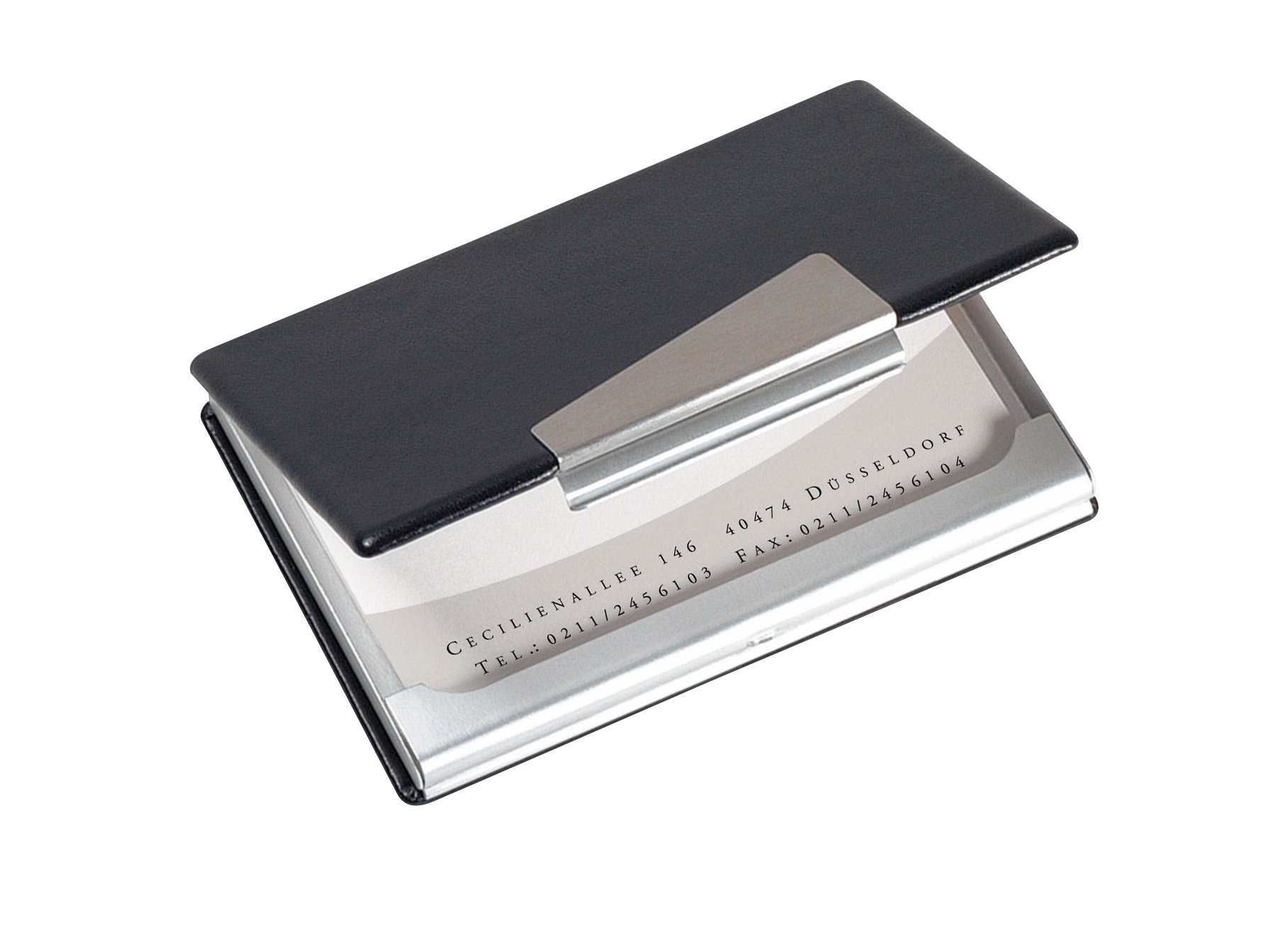 SIGEL VZ131 Business Card Case, aluminium / leather look, for up to 20 cards (max, 9 x 5,8 cm), Black / silver — image 1