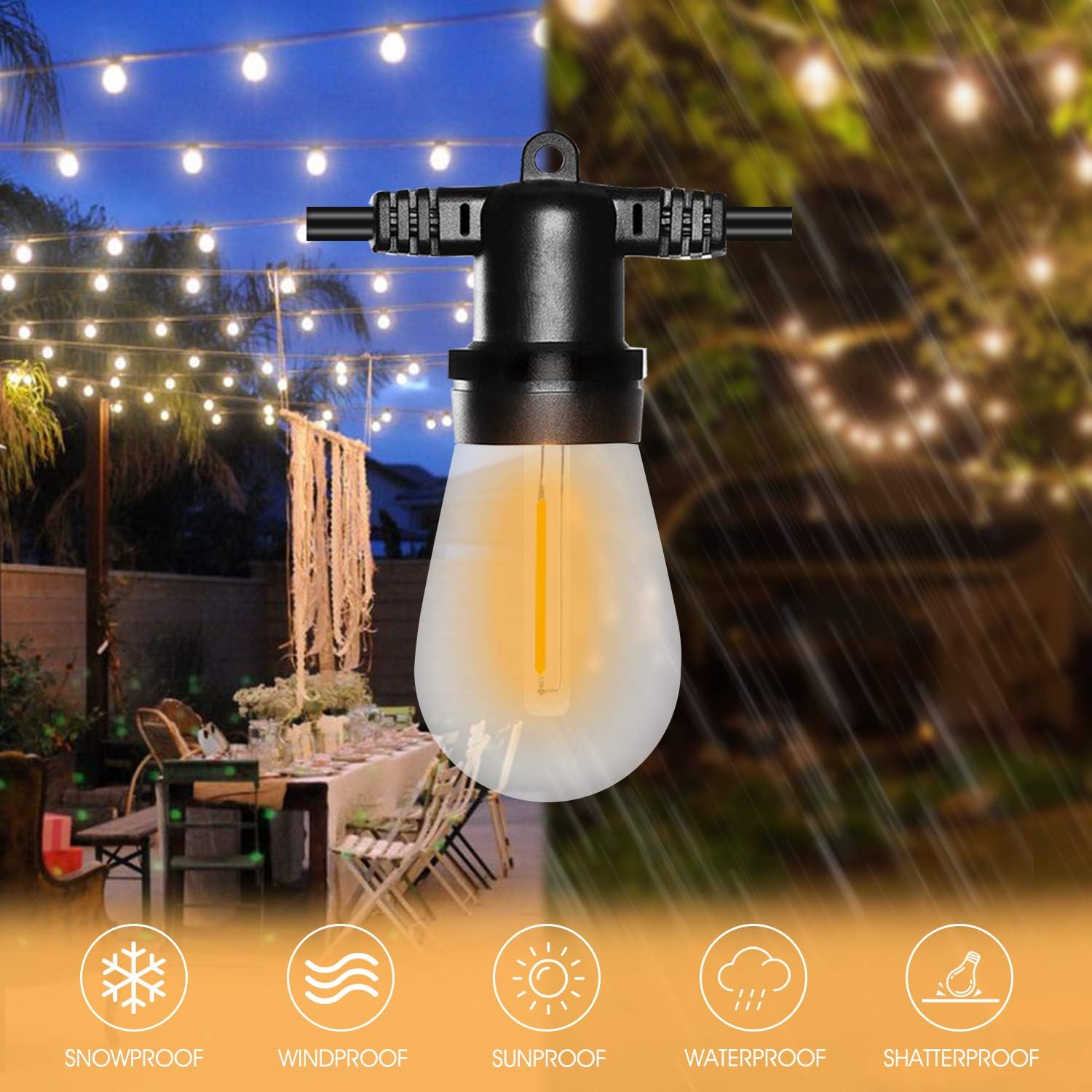 SUNTHIN 48FT LED Outdoor String Light with Shatterproof LED Filament Bulb for Patio Lights, Backyard Lights, Porch Lights, Party Lights and Commercial Lighting - - 