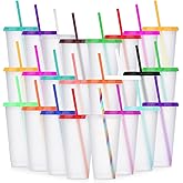 LEIFEOSH 24 Pack Plastic Tumblers with Lids and Straw, Reusable Cups with Lids and Straws Clear Cups for Cold Drink Iced Coffee, Plastic Tumbler Bulk for Party Birthday Gifts (24 oz, Clear Colors)