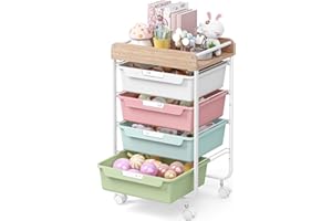 SYKIARIOL Rolling Storage Utility Cart With 4 Drawers,Kids Craft Art Cart,Makeup Organizer And Storage with Wooden Tabletop,Rainbow