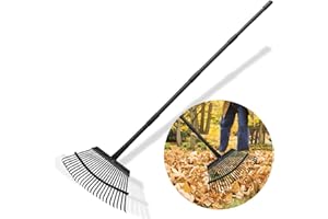 FRESHFARM Rake for Leaves Heavy Duty Metal Garden Tools with 64.1 Inch Adjustable Steel Handle 25 Tines Leaf Rakes for Lawns Flower Bed Shrub Camping, Black