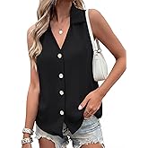 Vrtige Women's Casual Collar V Neck Button Down Sleeveless Tunic Blouse Shirt Tank Top