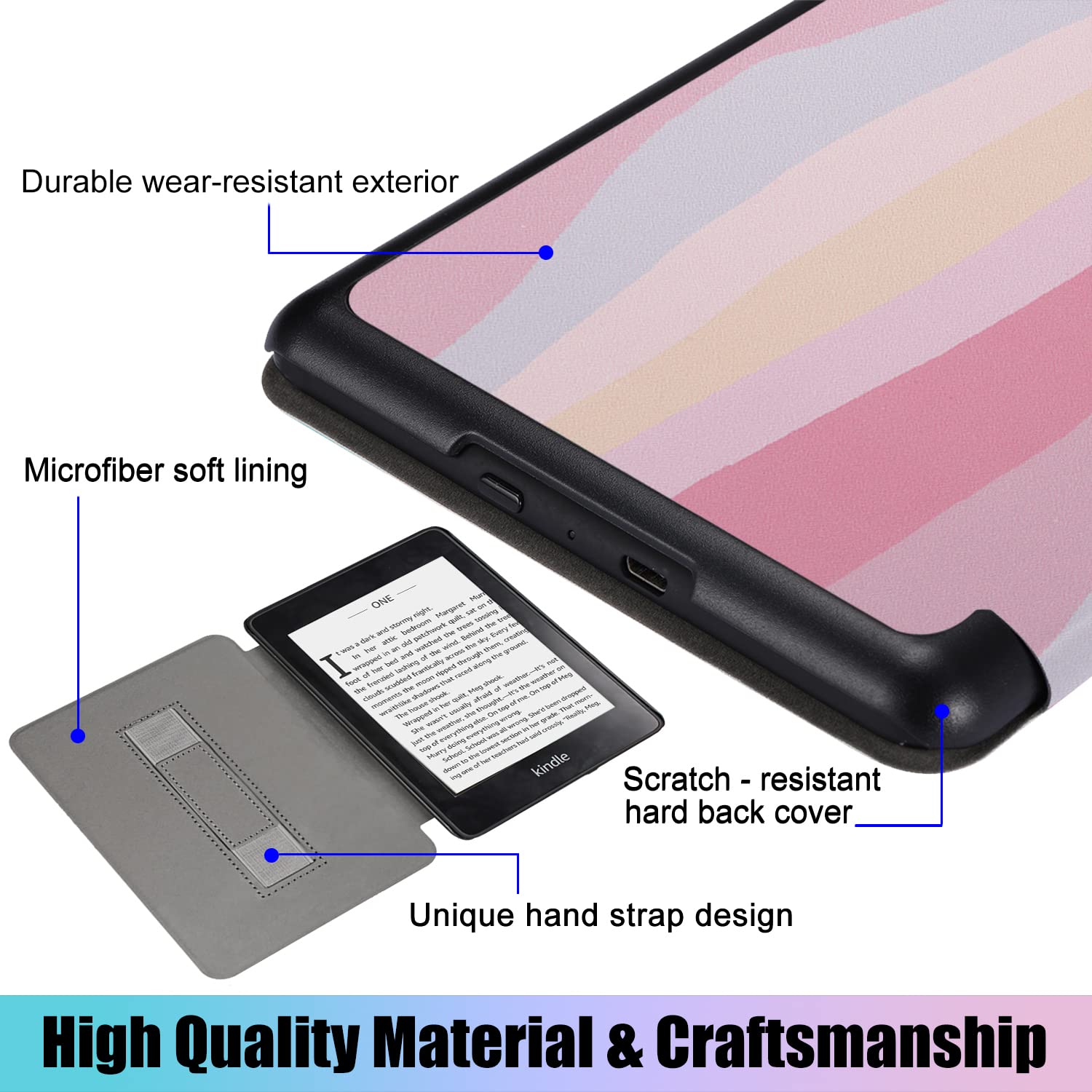 SCSVPN Case for 6'' Kindle 10th Generation (2019 Release, Model J9G29R) - Lightweight Premium PU Leather Cover with Hand Strap, Auto Sleep/Wake, NOT FIT Paperwhite/Oasis/Kindle 2022 - Colorful Pink