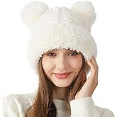 Peicees Knitted Beanie with Fur Pompom for Women Chunky Winter Beanie Hat Warm Fleece Lined Skull Cap Cute