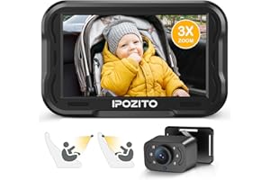 IPOZITO Baby Car Camera, 4.3'' Monitor with IR Night Vision, 3X Zoom in Closer, Easily Install Baby Car Mirror 1080P Clear Car Baby Camera for Rear Facing Seat Backseat