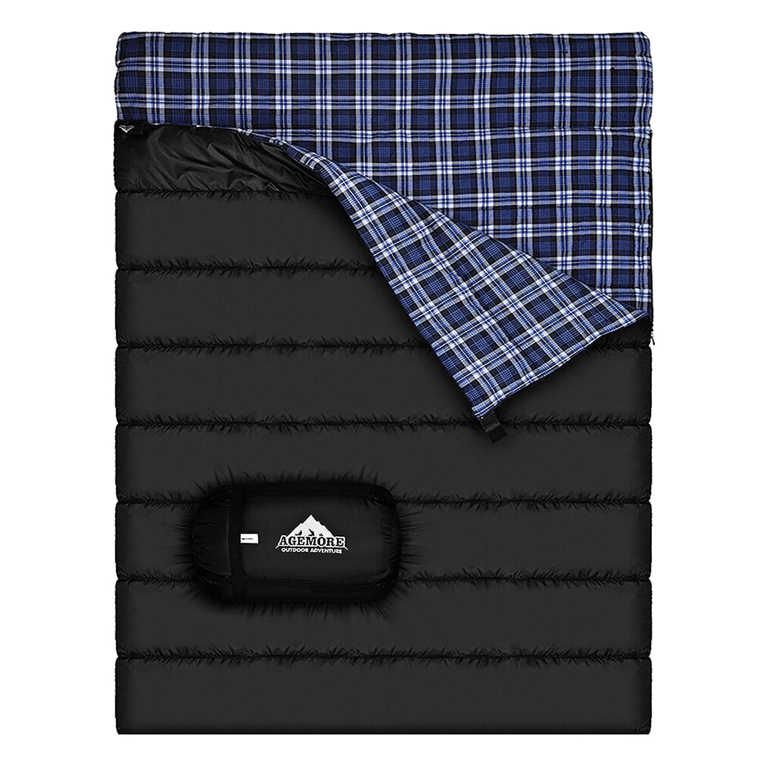 Photo 1 of AGEMORE Cotton Flannel Double Sleeping Bag for Camping, Backpacking Or Hiking. Queen Size 2 Person Waterproof Sleeping Bag for Adults Or Teens. Lightweight with Compression Sack