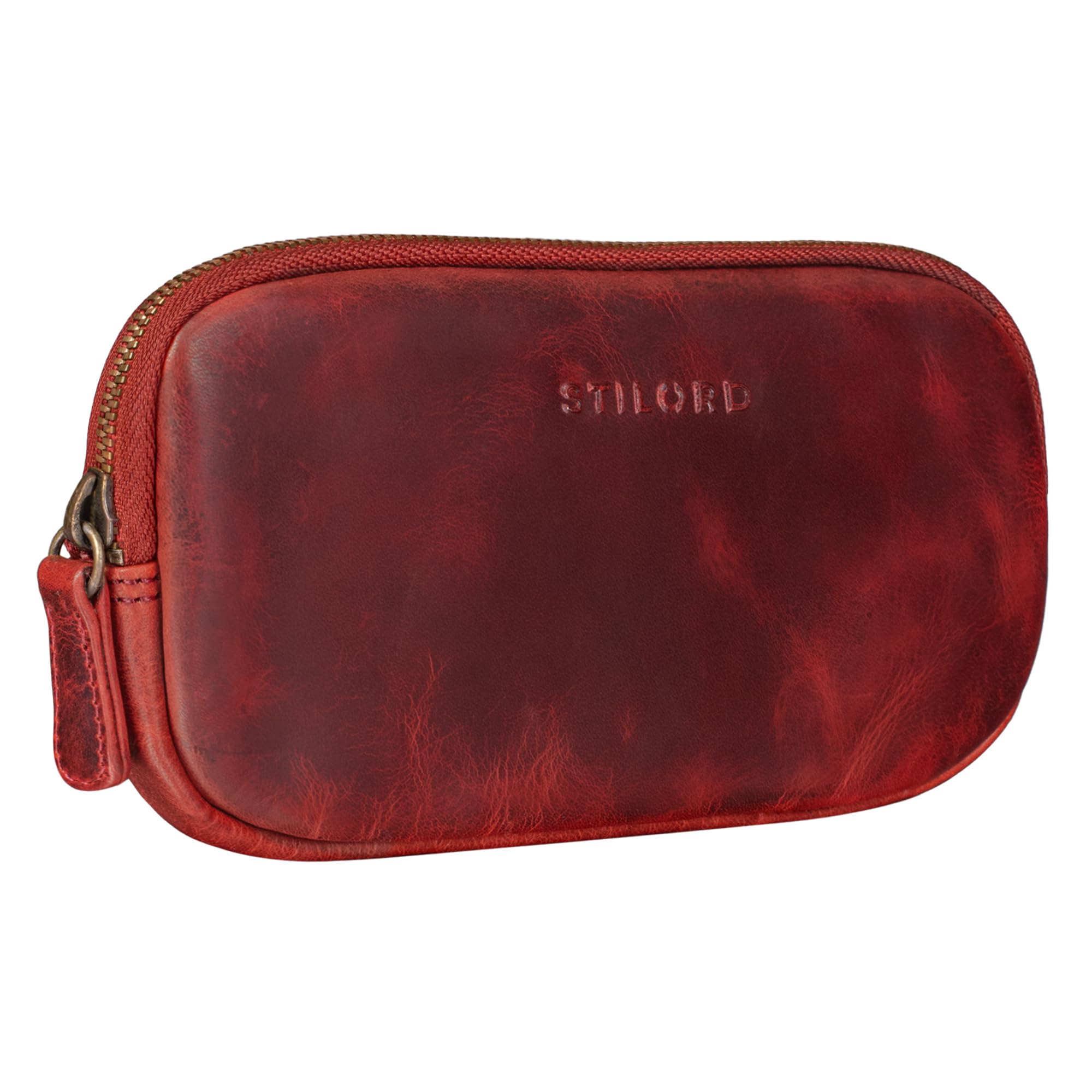 STILORD "Mike" Small Leather Pouch Vintage for Men Women Ideal as Pencil Case Cosmetic Bag Coin Purse Key Case Organizer Bag in Genuine Leather Colour:Kara - red