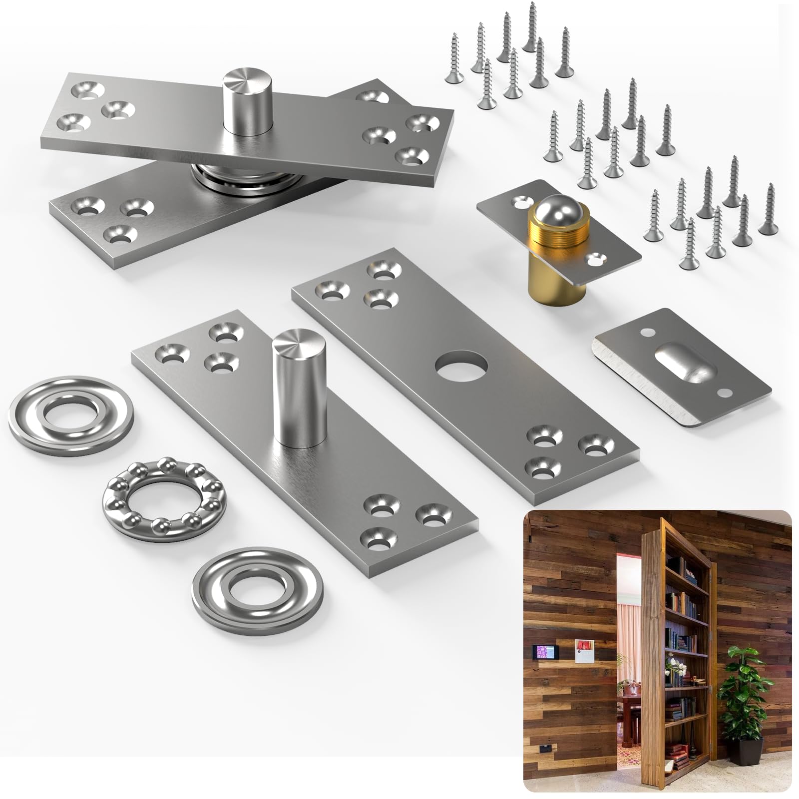 Fenghome Pivot Hinge, ﻿360 Degree Adjustable Rotation 300lbs, Stainless Steel Hidden Door Hinges with Ball Catch Hardware for Wood Secret Doors/Bookcase