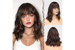 FESHFEN Bob Wig with Bangs, Dark Brown Highlighted Shoulder Length Wavy Wig Synthetic Short Hair Wig for Women Party Daily Us