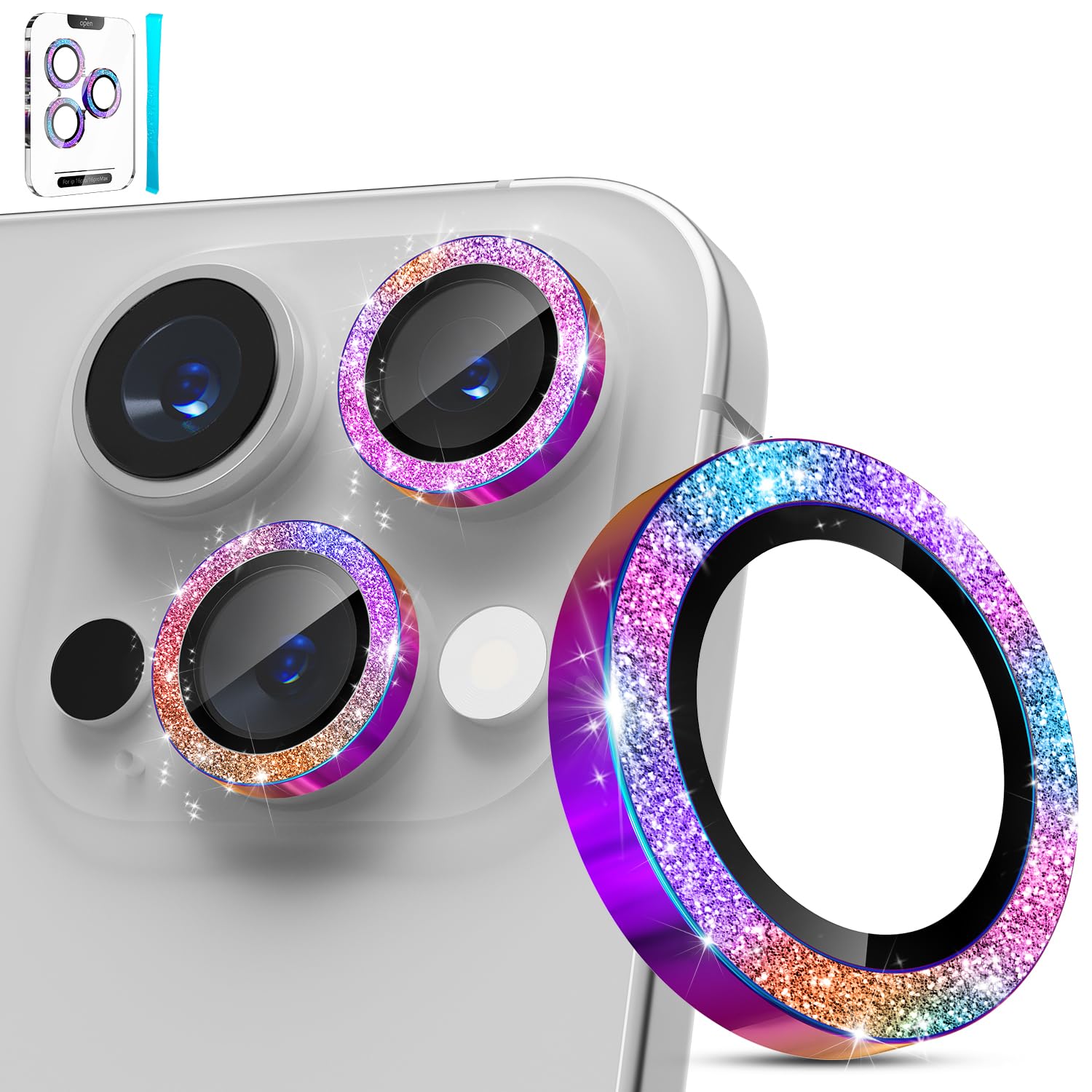imluckies Glitter Camera Lens Protector for iPhone 16 Pro - iPhone 16 Pro Max, AR+AF Tempered Glass, 9H Ultra-Tough Metal Individual Lens Cover, HD Clear Camera Accessories - Bling Colorful