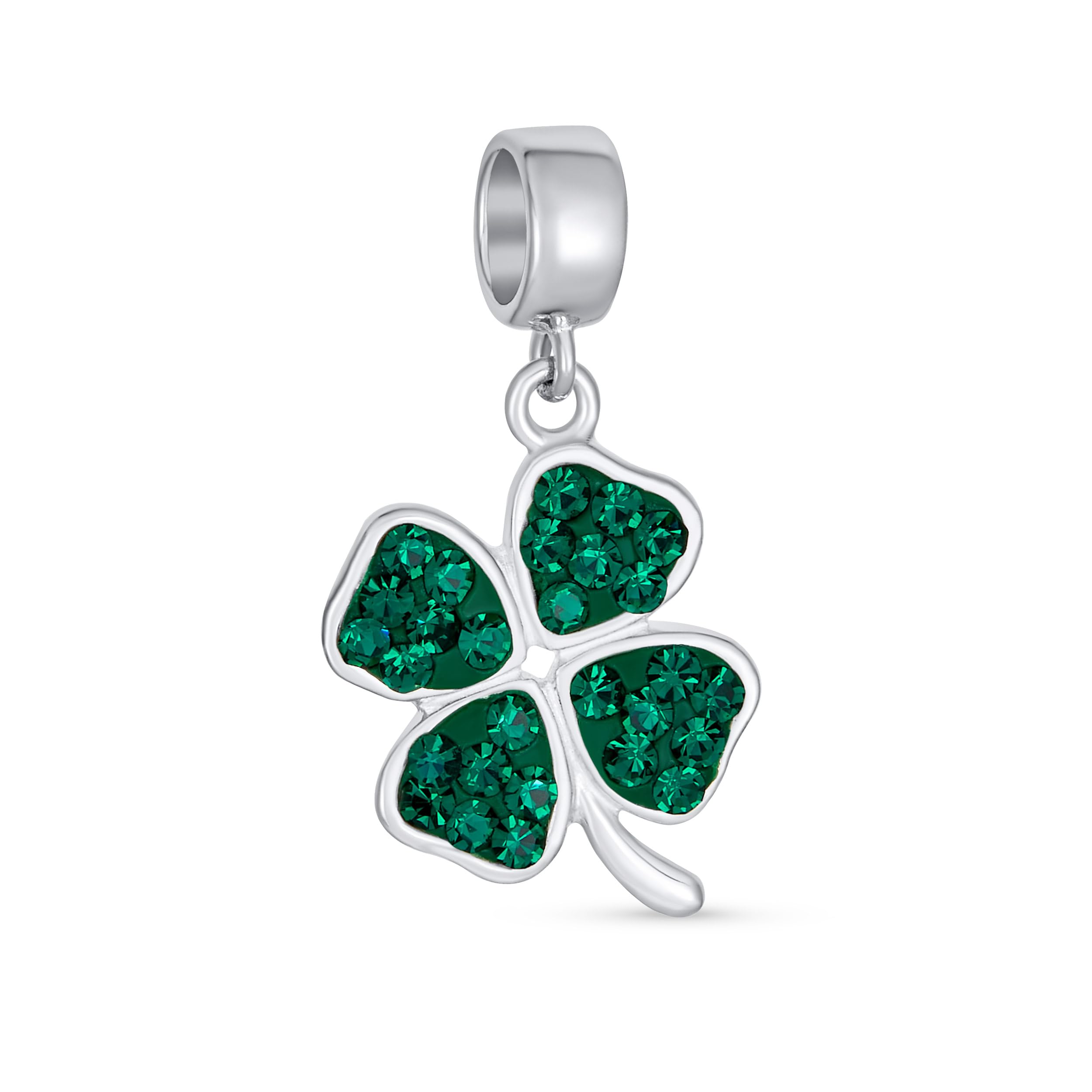 Bling Jewelry Celtic Lucky Good Luck Leaf Green Crystal Shamrock Irish Clover Dangle Bead Charm For Women .925 Sterling Silver
