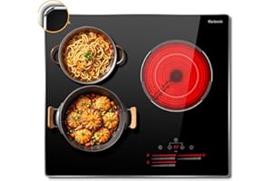 Karienvir 24 Inch Electric Cooktop 3 Burner 5500W, Built in Electric Stove 24 Inch with Glass Protection Metal Frame, 220-240V Electric Cooktop with Double Ring burner, 99 Mins Timer, Safety Lock